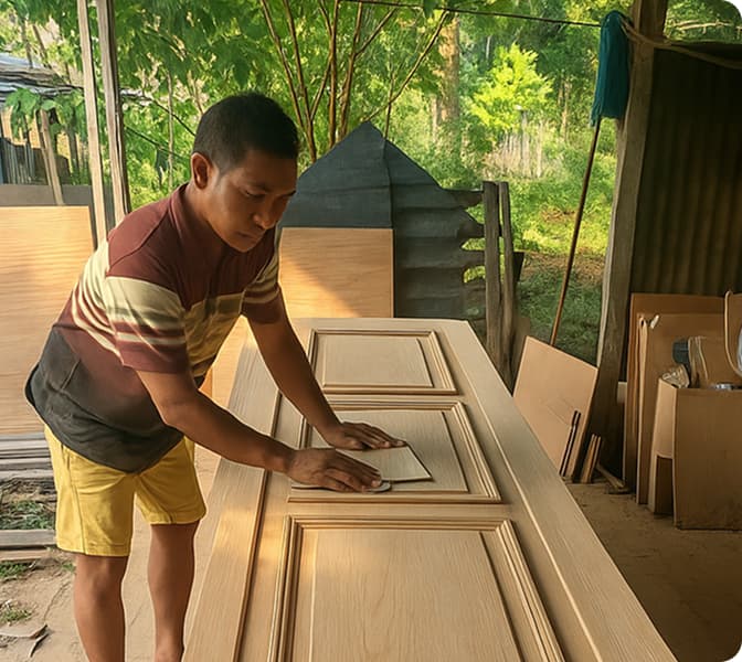 Pengamplasan panel pintu di bengkel