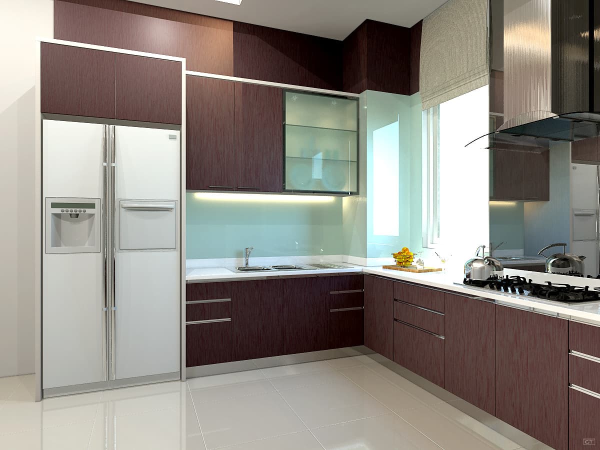 Visualisasi dapur dengan kabinet bertekstur kayu dan permukaan kerja terang