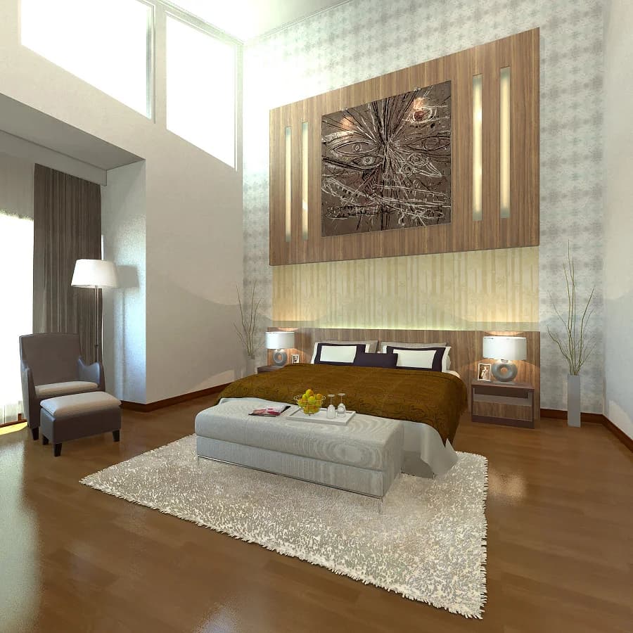 Visualisasi kamar tidur dengan panel kayu tinggi dan tempat duduk di sisi jendela
