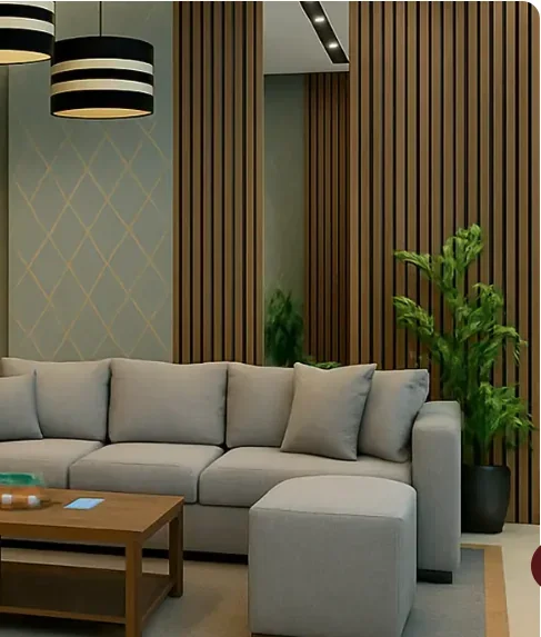 Detail interior dengan panel kayu dan sofa dari website MKS