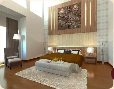 Visual kamar dengan aksen kayu dari materi katalog MKS
