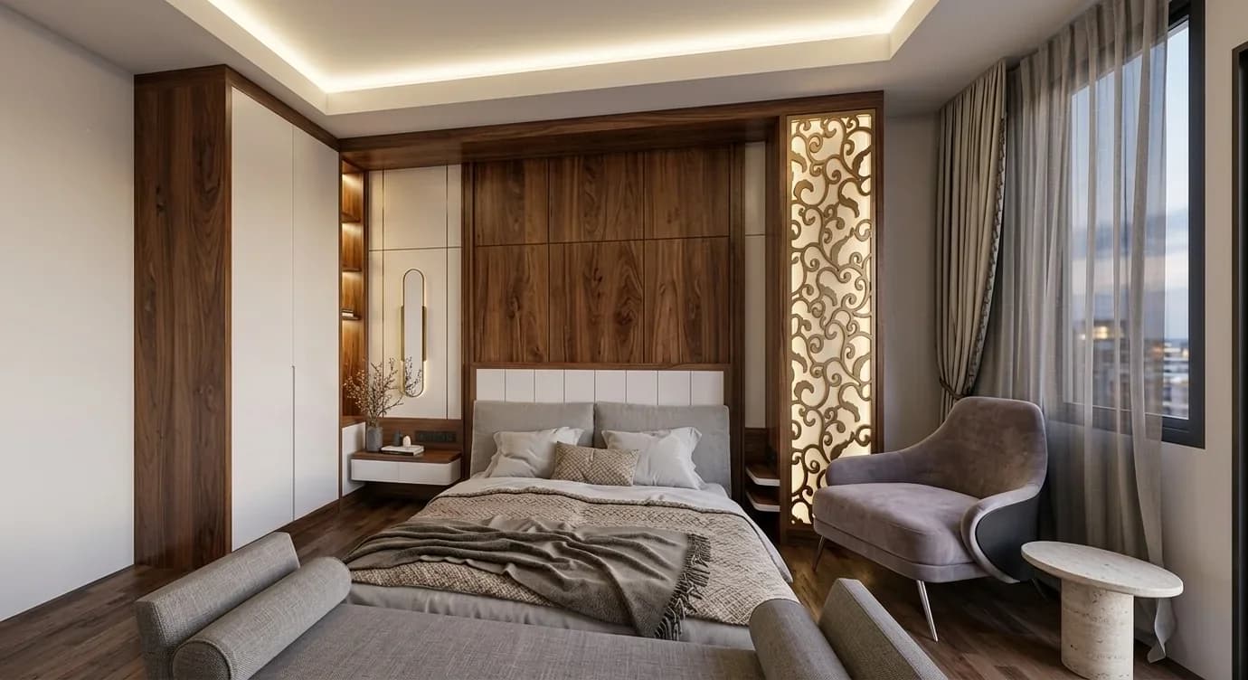 Visualisasi kamar tidur dengan panel kayu, pencahayaan hangat, dan komposisi yang tenang
