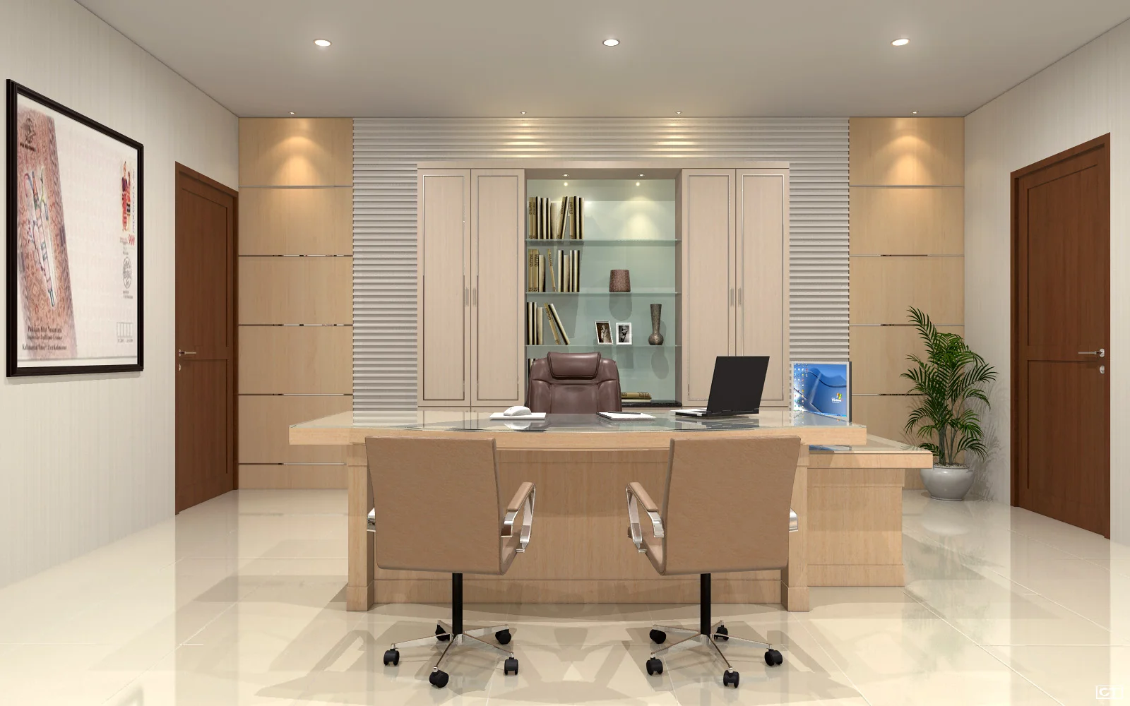 Visualisasi interior ruang direktur kantor dengan meja kerja, storage, dan area duduk