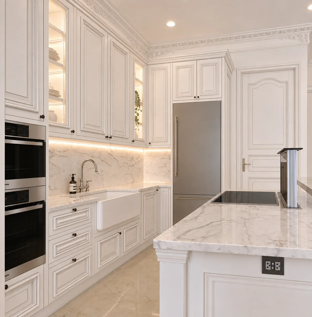 Visualisasi dry kitchen dengan cabinetry putih dan material batu