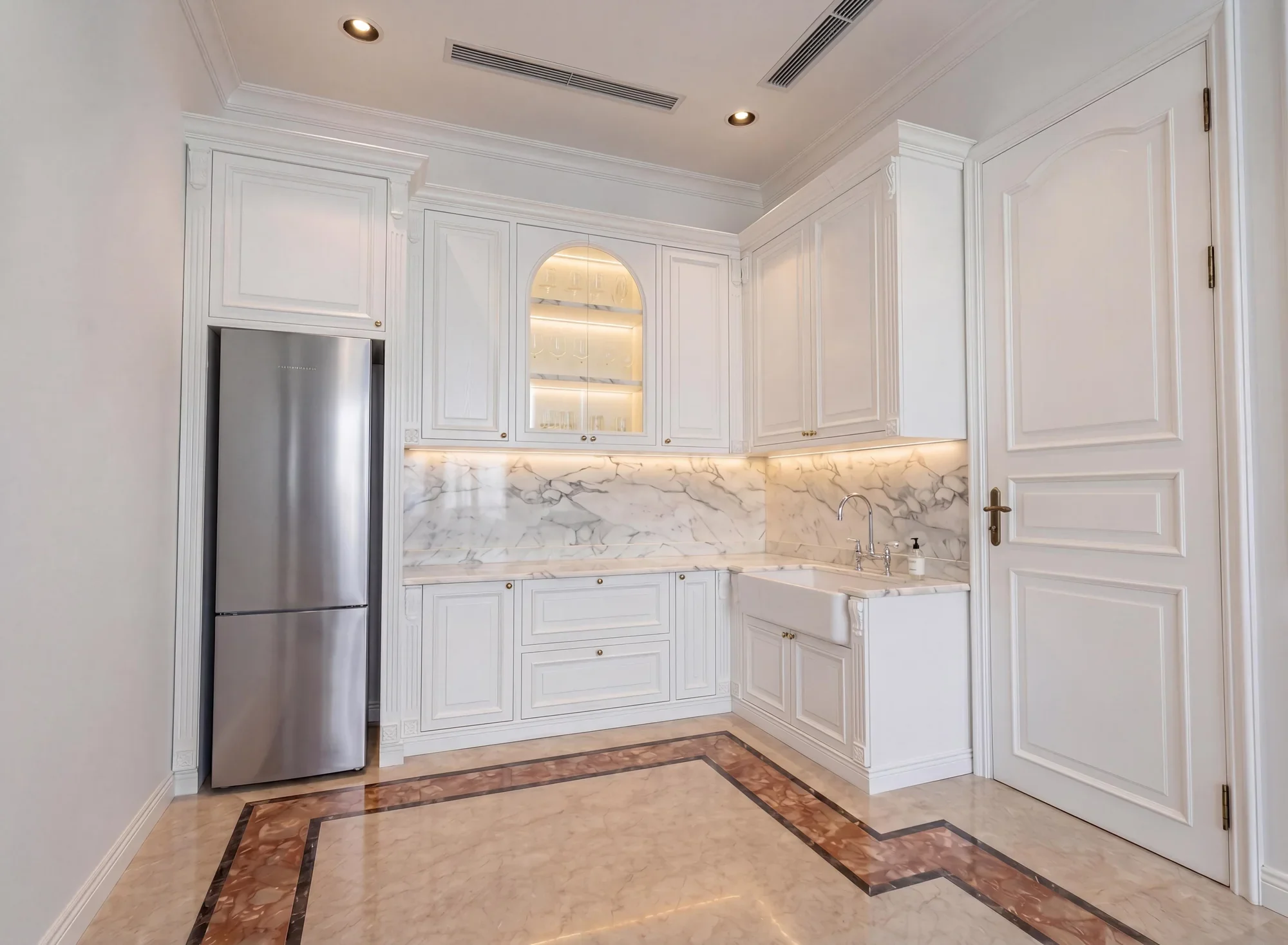 Design visualisation of a kitchen with a modern classic feel, white cabinetry and stone