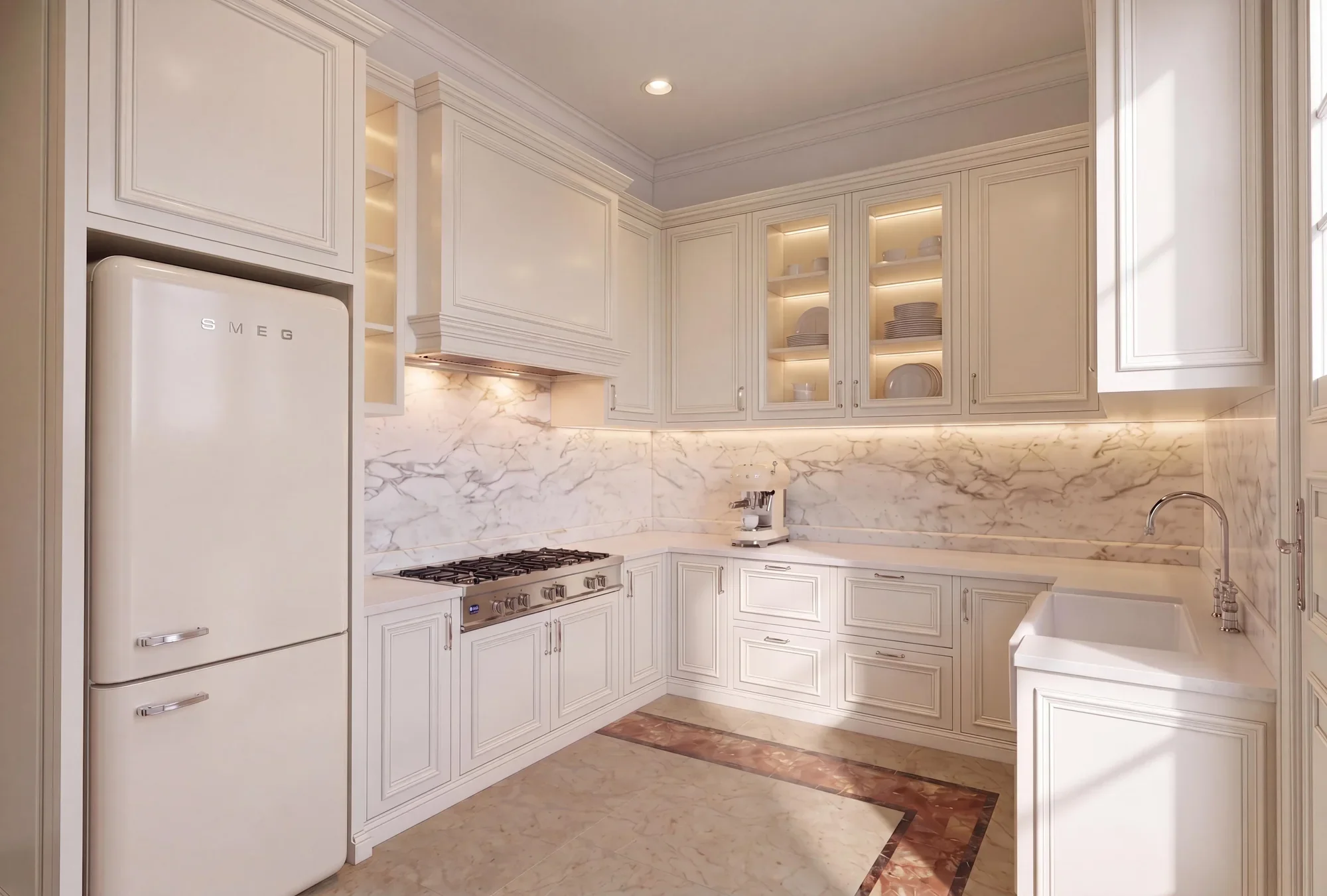Visualisasi dapur klasik modern dengan cabinetry putih