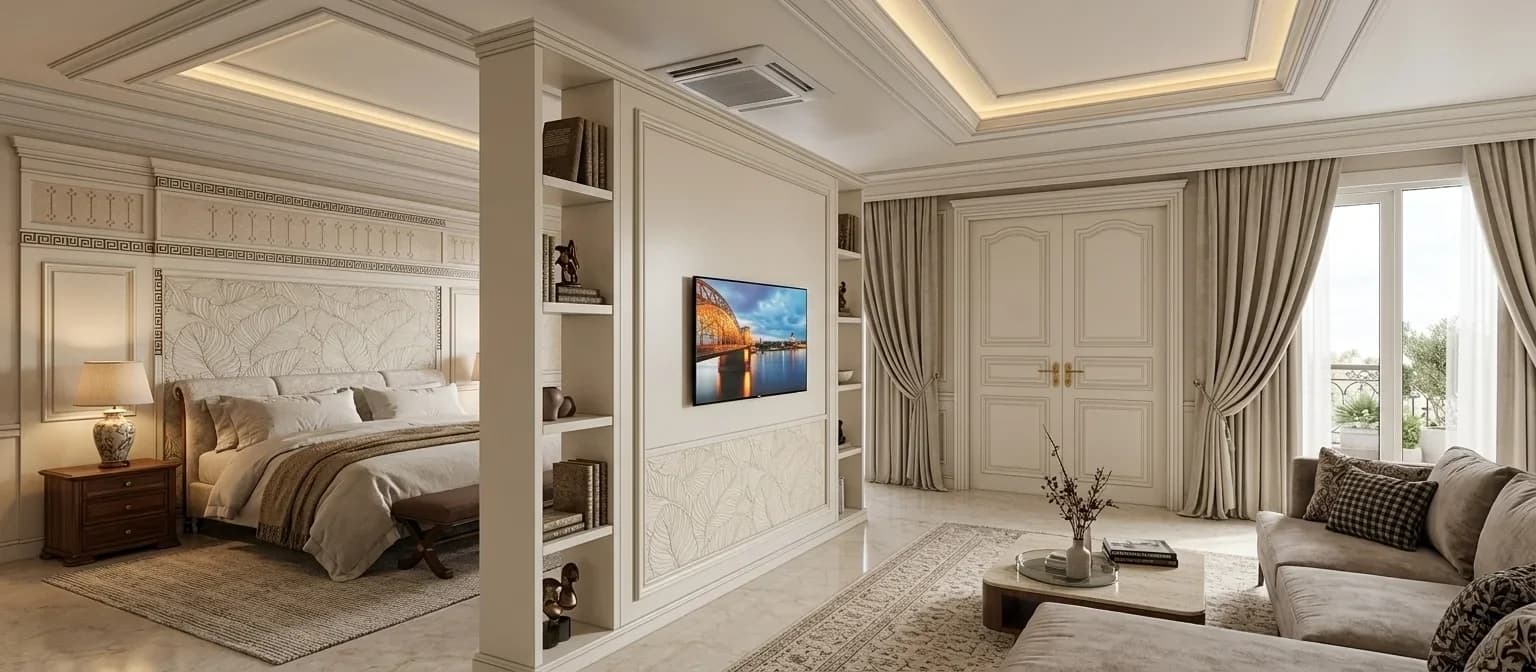 Design visualisation of a bedroom and seating area with a neutral palette, panel detailing and soft lighting