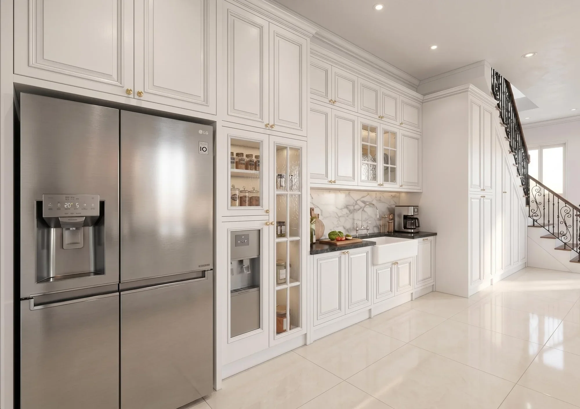 Visualisasi storage built-in yang menyatu dengan area dapur